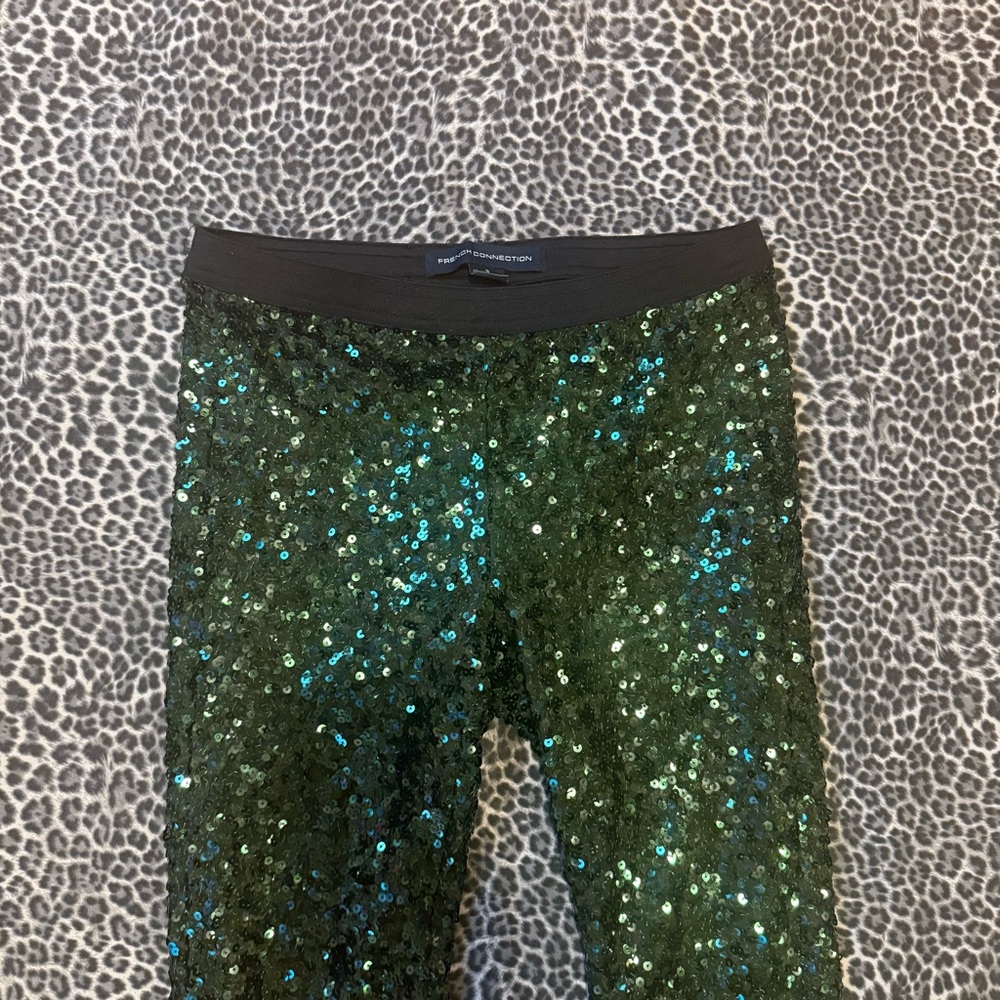 French Connection Green Sequin Lined Leggings Pan… - image 5